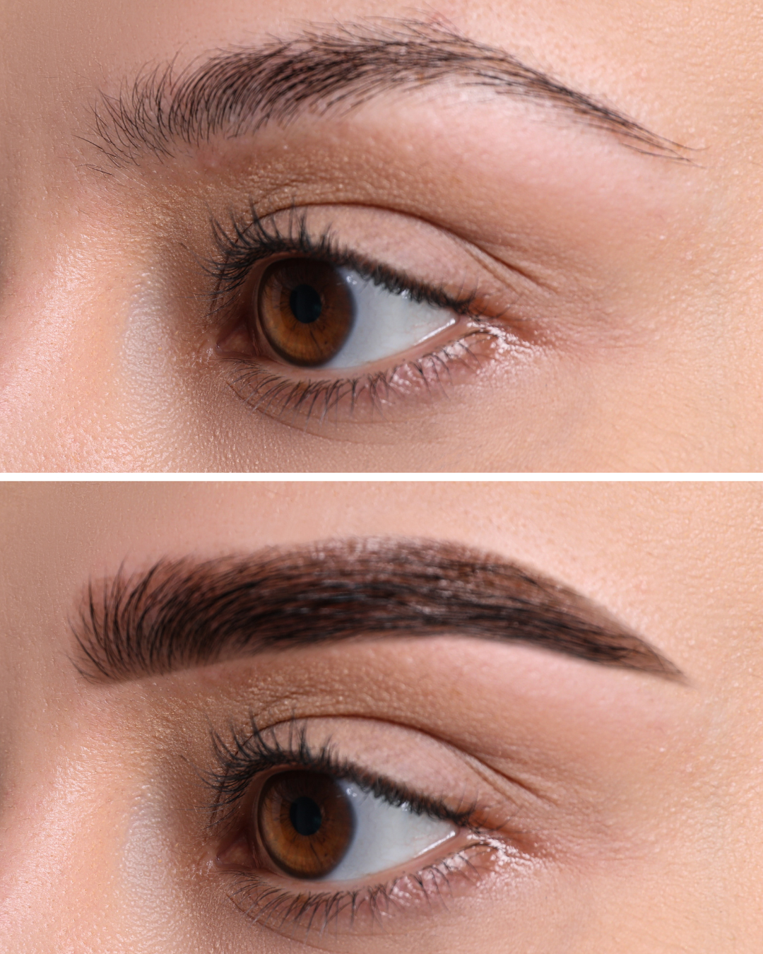 Nano brow permanent makeup before-and-after showing natural-looking hair-stroke definition