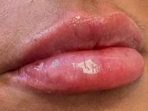 After: the same guest's lips, right angle, after lip filler