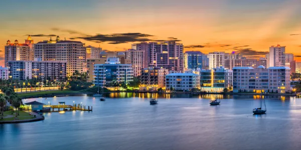 Sarasota, Florida bayfront skyline at sunset